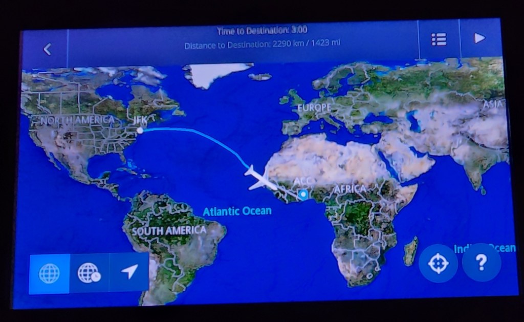 An in-flight tracker of the Delta flight from JFK in New York to Accra, Ghana. The airplane icon is visible just over the western edge of Senegal. The tracker shows three hours remaining of the flight (2290 kilometers or 1423 miles).